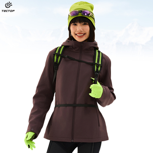 探拓秋冬季 户外徒步防风运动休闲保暖外套 连帽加抓绒软壳衣女士款