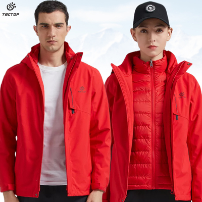 探拓户外秋冬季新款红色羽绒内胆冲锋衣男女士款三合一登山服外套