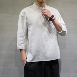 风春夏新款棉麻短袖t恤男宽松大码七分袖6008-1/T064/图片