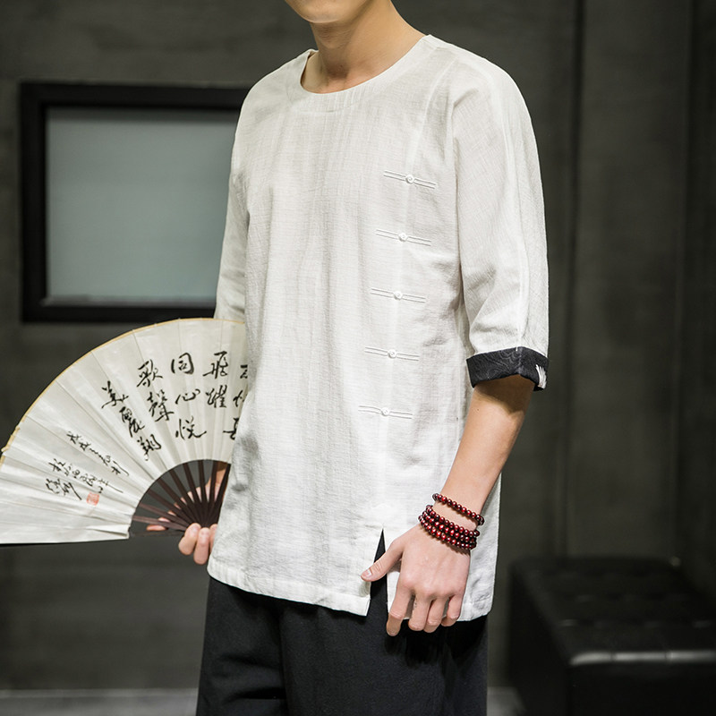 2021春夏新款风棉麻短袖男装宽松大码七分袖6008-1-T063/,男装T恤,电商A008