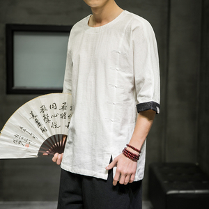2021春夏新款风棉麻短袖男装宽松大码七分袖6008-1-T063/图片