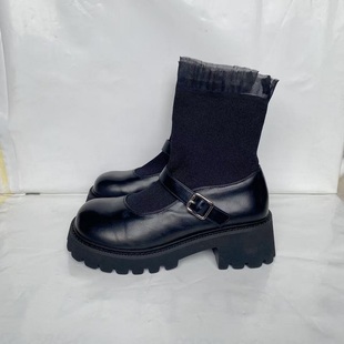 气质增高短靴女12470 MN厚底玛丽珍拼接弹力靴袜靴百搭秋冬新款