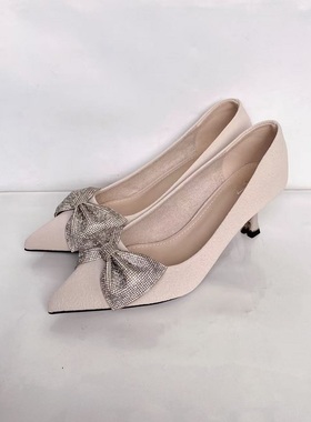 MN尖头高跟鞋女春夏新款蝴蝶结法式气质配裙子细跟浅口单鞋12104