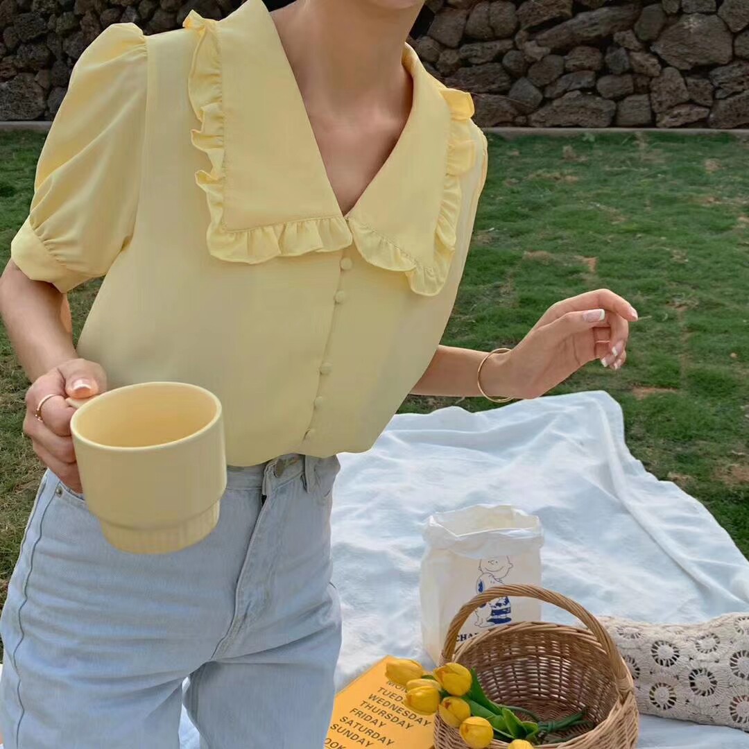 2019 summer new pattern Thin section Wood ear square neck temperament shirt Versatile French tender Show thin Short sleeved shirtin the Women's clothing/Boutique , Shirt  category - from Buy2taobao.com to provide professional Taobao agent buy service