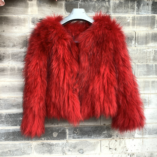 红色貉子毛编制皮草外套50厘米衣长女V领网红真毛皮草 清仓版