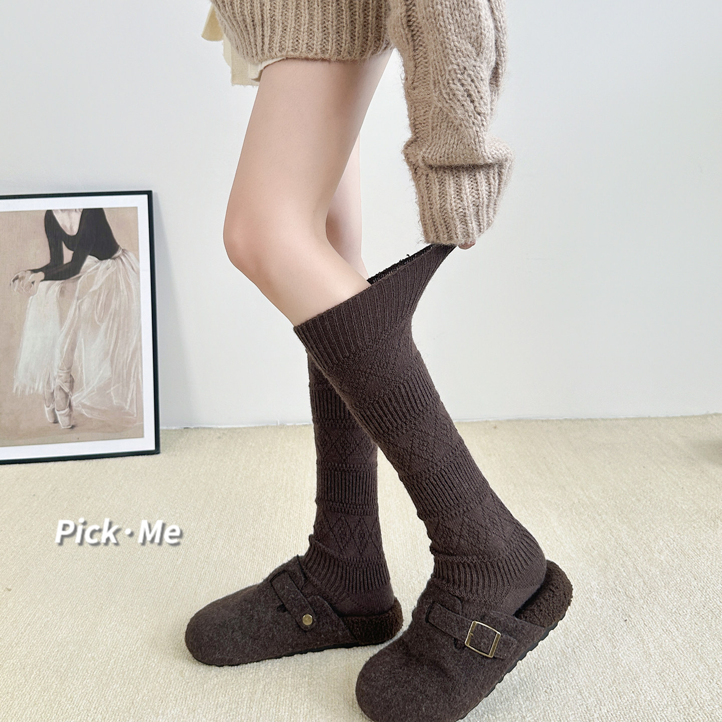 美拉德咖色小腿袜女秋冬羊毛保暖中筒袜及膝麻花复古棕色堆堆袜子