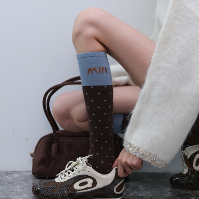 Elite收藏款莫瑞系美利奴羊绒密织咖色拼接波点秋冬季小腿袜女DF