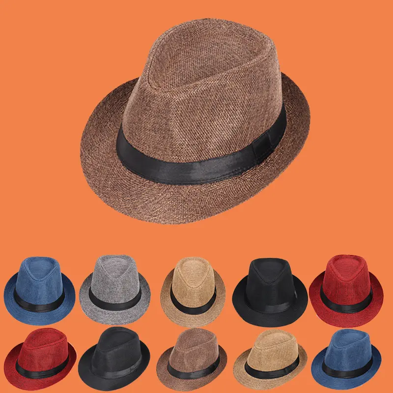 供应爵士帽英伦风亚麻纯色礼帽中男士女士卷边情侣款遮阳帽