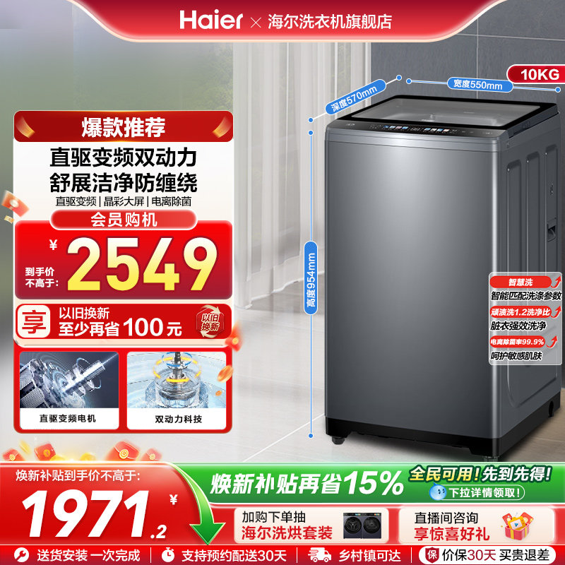 【双动力】海尔波轮洗衣机10kg大容量家用全自动直驱除菌659