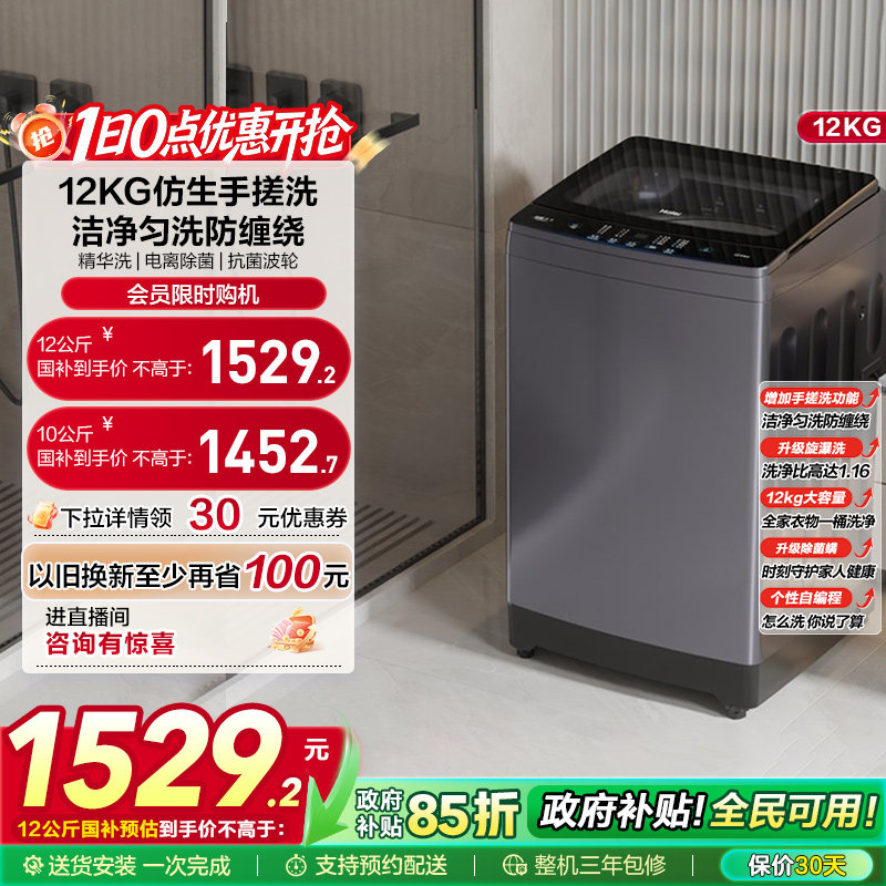 [手搓洗]海尔波轮洗衣机家用全自动变频12kg超大容量除菌629