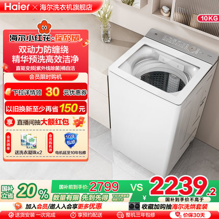 海尔小红花波轮双动力精华洗10kg大容量家用全自动洗衣机73M
