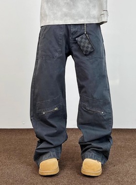 SWAG美式高街剪裁灰色工装裤男女宽松直筒显瘦休闲长裤子cleanfit