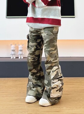 SWAG美式复古迷彩多口袋工装裤拼小挂包设计感cleanfit微喇叭长裤