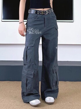 SWAG美式复古字母印花多口袋工装裤男女百搭宽松休闲裤直筒长裤子
