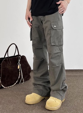 SWAG烟灰棕工装裤大口袋褶皱微喇牛仔裤男女宽松修身显瘦休闲裤子