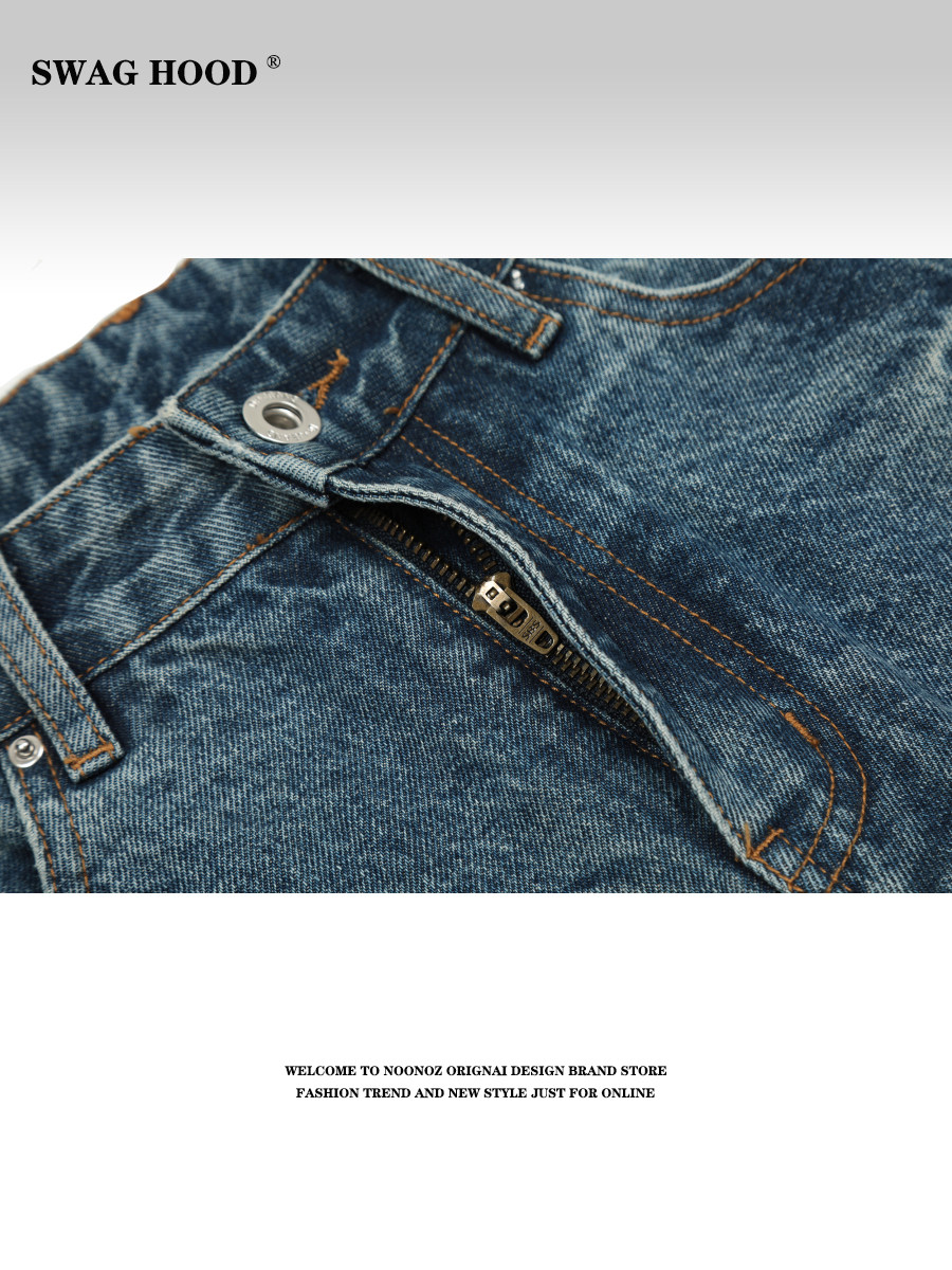 SWAG AMERICAN RETRO DISTRESSED HIGH STREET BLUE LIGHTNING PATTERN WASH DENIM SHORTS LOOSE AND VERSATILE DRAPED CROPPED PANTS