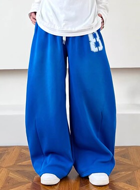 SWAG美式复古嘻哈水洗蓝色阔腿休闲裤运动抽绳渐变弯刀垂感卫裤子