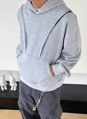 SWAG拼接双色分割解构boxy灰色卫衣男短款廓形cleanfit连帽衫外套