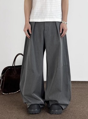 SWAG简约褶皱灰色弯刀休闲裤男女美式复古垂感拖地cleanfit西裤子