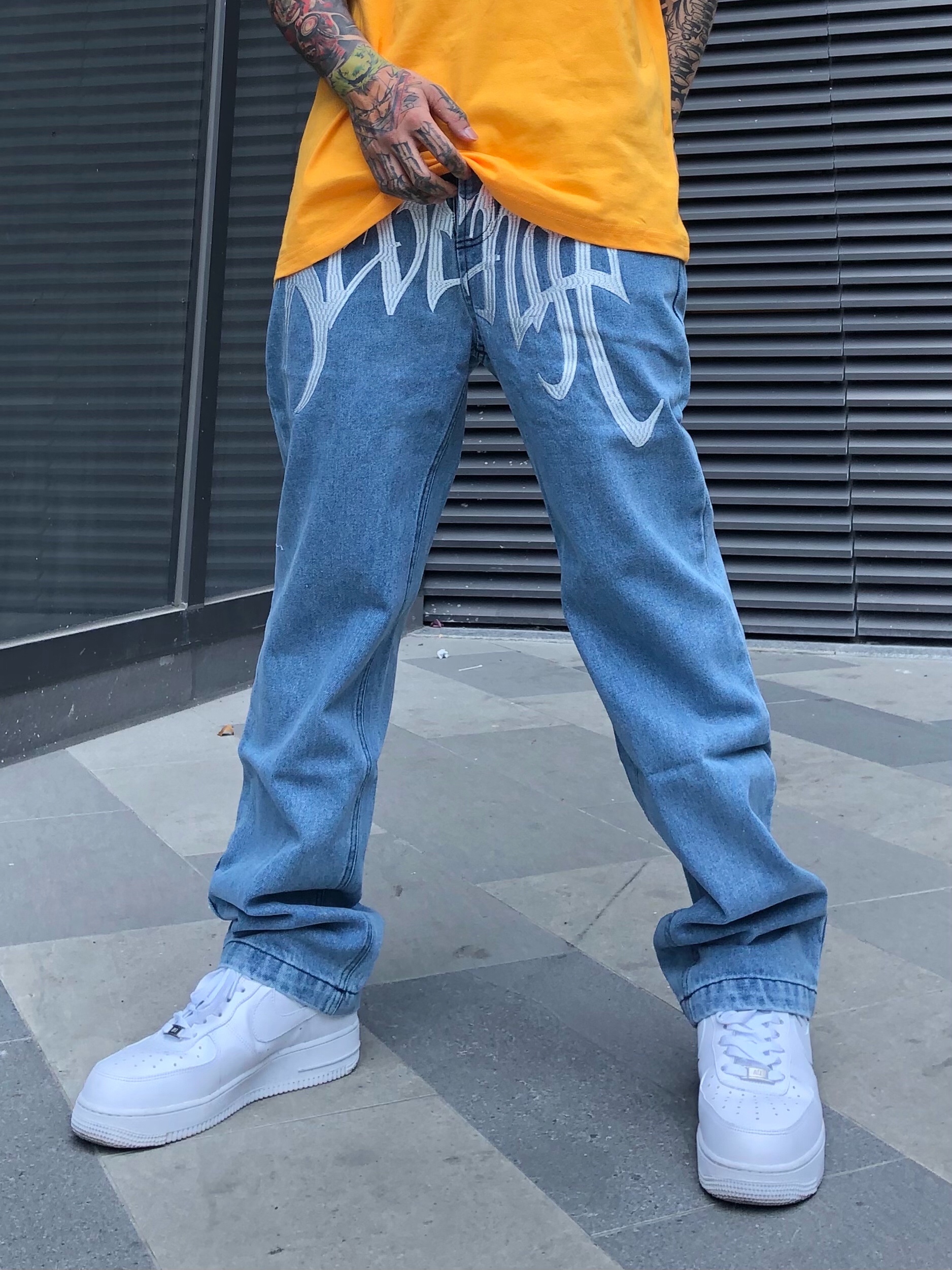 revenge裤裆刺绣高街嘻哈牛仔裤