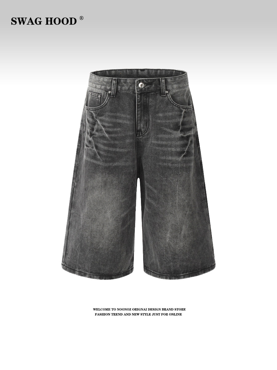 SWAG AMERICAN RETRO DISTRESSED HIGH STREET BLUE LIGHTNING PATTERN WASH DENIM SHORTS LOOSE AND VERSATILE DRAPED CROPPED PANTS