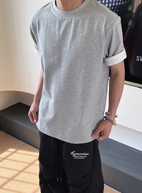 SWAG折叠袖口撞色cleanfit短袖轻奢老钱 小众短宽休闲基础打底t恤