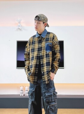 SWAG秋冬24FW高级感格子牛仔领衬衫宽松百搭黄色格纹衬衣男女外套