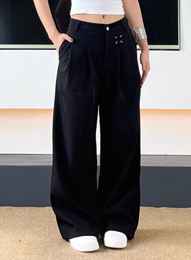 SWAG高级设计感cleanfit黑色西裤松紧腰直筒阔腿显瘦垂感休闲裤男