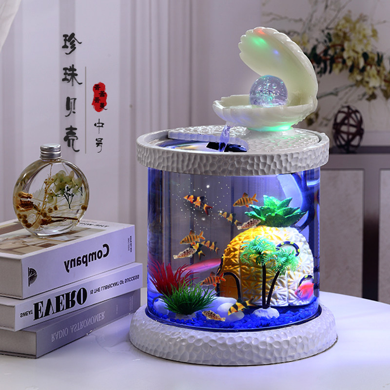 桌面景观鱼缸圆形中式玻璃鱼缸小型鱼懒人鱼缸新手装饰观赏鱼缸