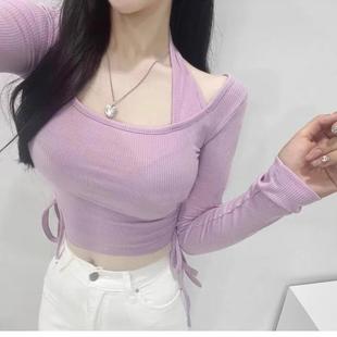 纯欲辣妹性感抽绳绑带挂脖假两件长袖T恤女短款低领紧身打底上衣