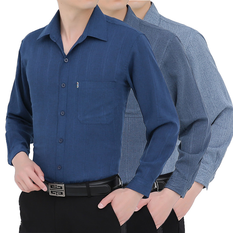 夏季薄款爸爸棉麻长袖衬衫中老年人宽松男爷爷装春秋亚麻上衣衬衣