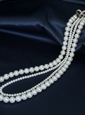 4mm+8mm双层白色施家珍珠八字扣双层项链XLA413