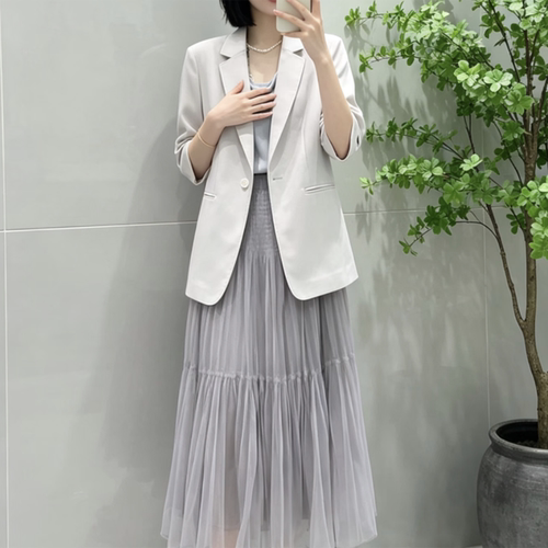 2026夏季新款气质休闲百搭薄款V领七分袖西装外套女5G5210821