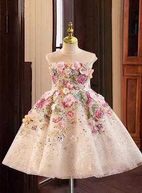 高端法式森系花朵小主持人走秀白色生日演出服钢琴演奏公主裙