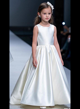 简约小众无袖圆领白色大裙摆拖尾礼裙钢琴演奏声乐艺考中大童礼服