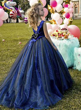 蓝色儿童礼服女公主裙拖尾模特走秀高端钢琴演出主持人礼服裙女童