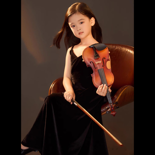 儿童礼服气质修身 礼服主持人走秀比赛礼服裙 黑色吊带简约收腰长款