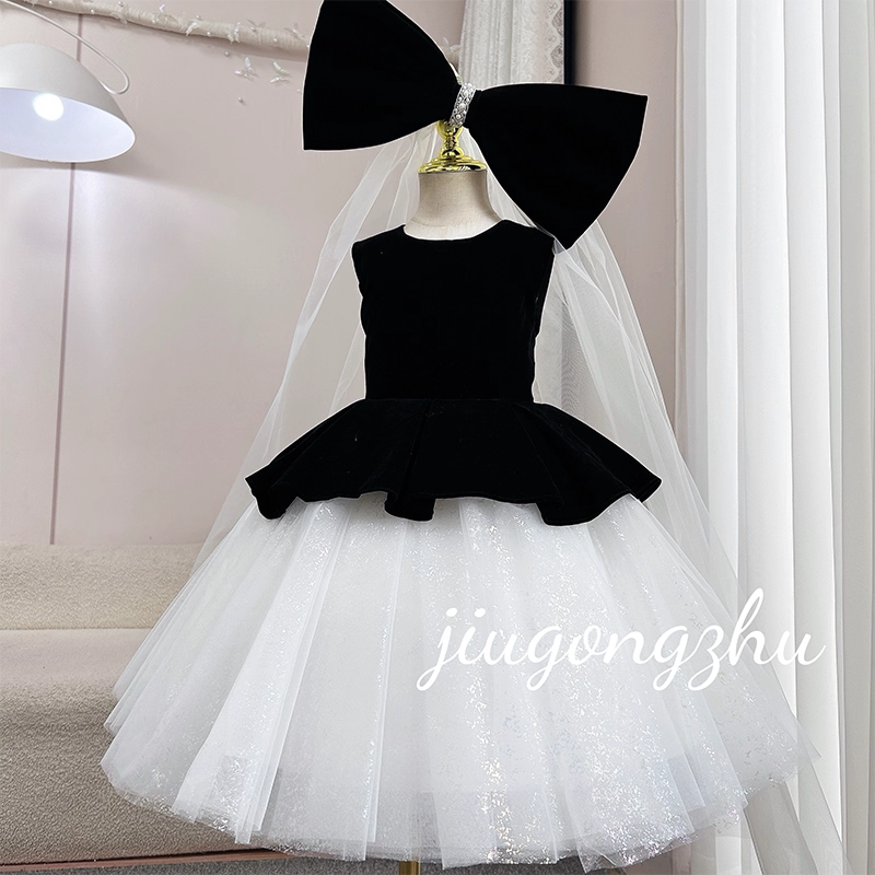 PGBKJA小提琴演奏礼服高级感黑色丝绒拼接大蝴蝶结蓬蓬裙表演服