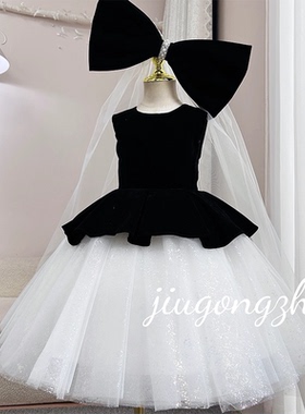 PGBKJA小提琴演奏礼服高级感黑色丝绒拼接大蝴蝶结蓬蓬裙表演服