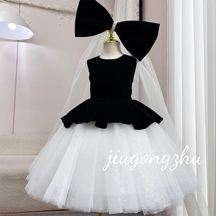 PGBKJA小提琴演奏礼服高级感黑色丝绒拼接大蝴蝶结蓬蓬裙表演服