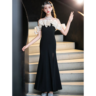 女童黑色礼服富家千金感长裙高端轻奢小众生日鱼尾主持钢琴演出服