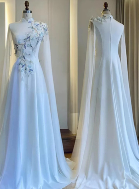 合唱礼服大气新款白色纱袖中式立领收腰长款礼服儿童合唱表演比赛