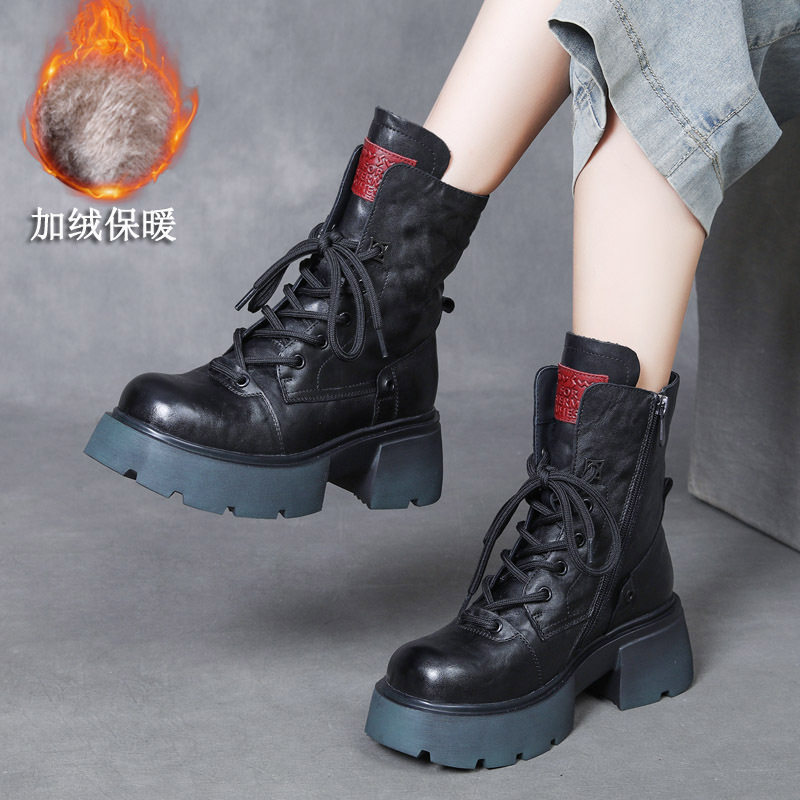 吉树新款时尚手抓纹头层牛皮厚底拉链马丁靴真皮粗跟加绒棉靴女