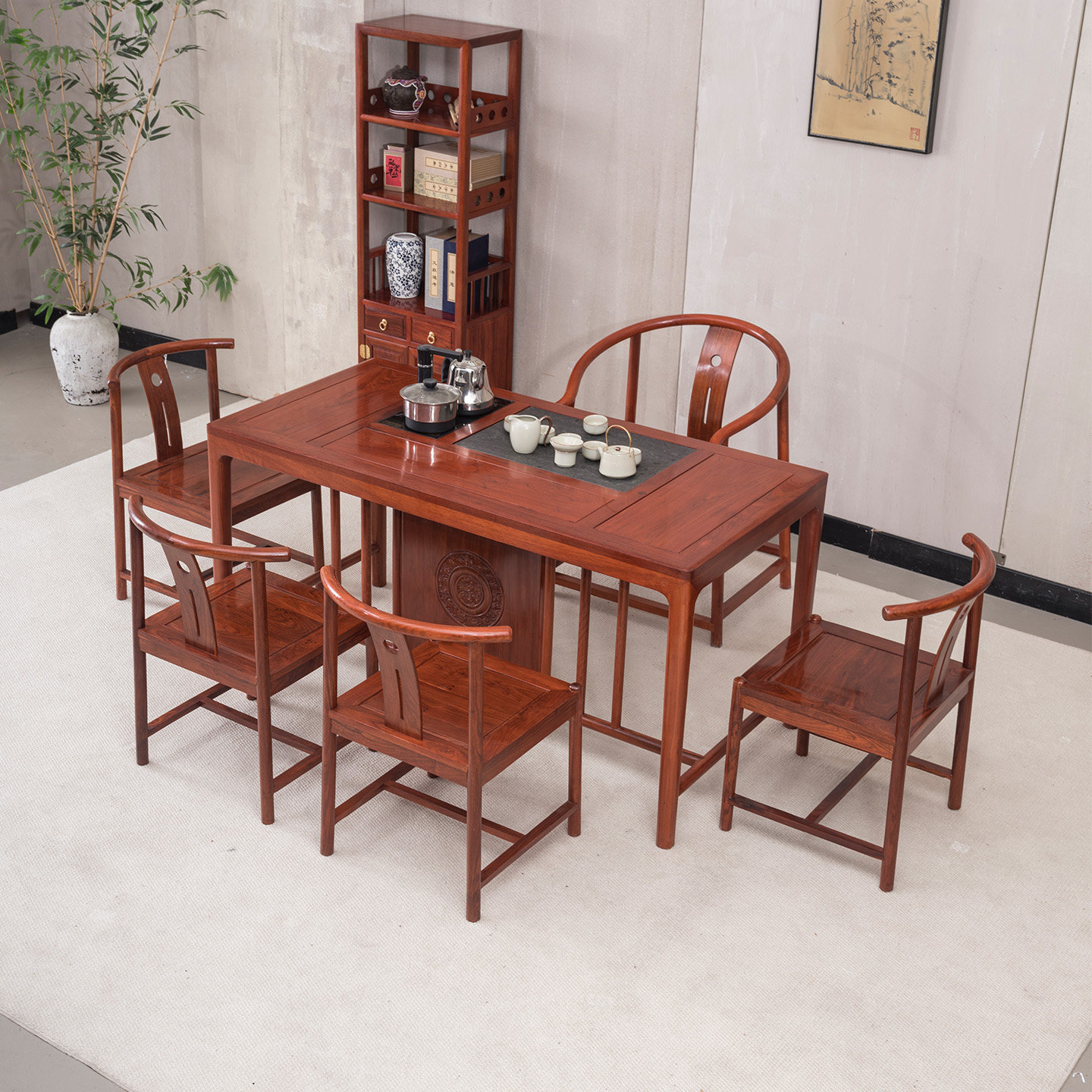非洲花梨木实木茶桌一体泡茶桌椅组合一桌五椅子新中式办公室茶台
