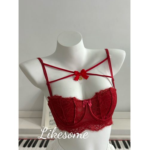 Likesome原创实拍*性感蕾丝交叉蝴蝶结内衣半杯美背内衣大胸显小