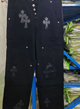 的潮流梵文宽松牛仔裤男装休闲裤十字架潮裤拼皮裤子版型直筒宽松