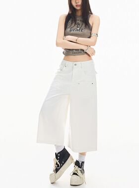 夏季高腰阔腿小个子女美式牛仔白色宽松直筒中裤薄款中性短裤七分