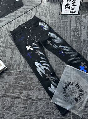 十字架修身破洞潮牌刺绣小脚裤牛仔裤春季高街网红痞帅长裤风男