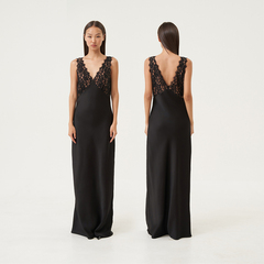 OTHERSTORE 黑蔷薇 法式V领蕾丝拼接修身长裙子女高级黑色连衣裙