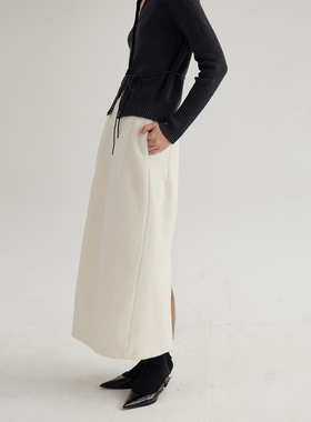 OTHERSTORE 绽放花香 白色花苞羊毛半身裙女冬季百搭开叉显瘦裙子